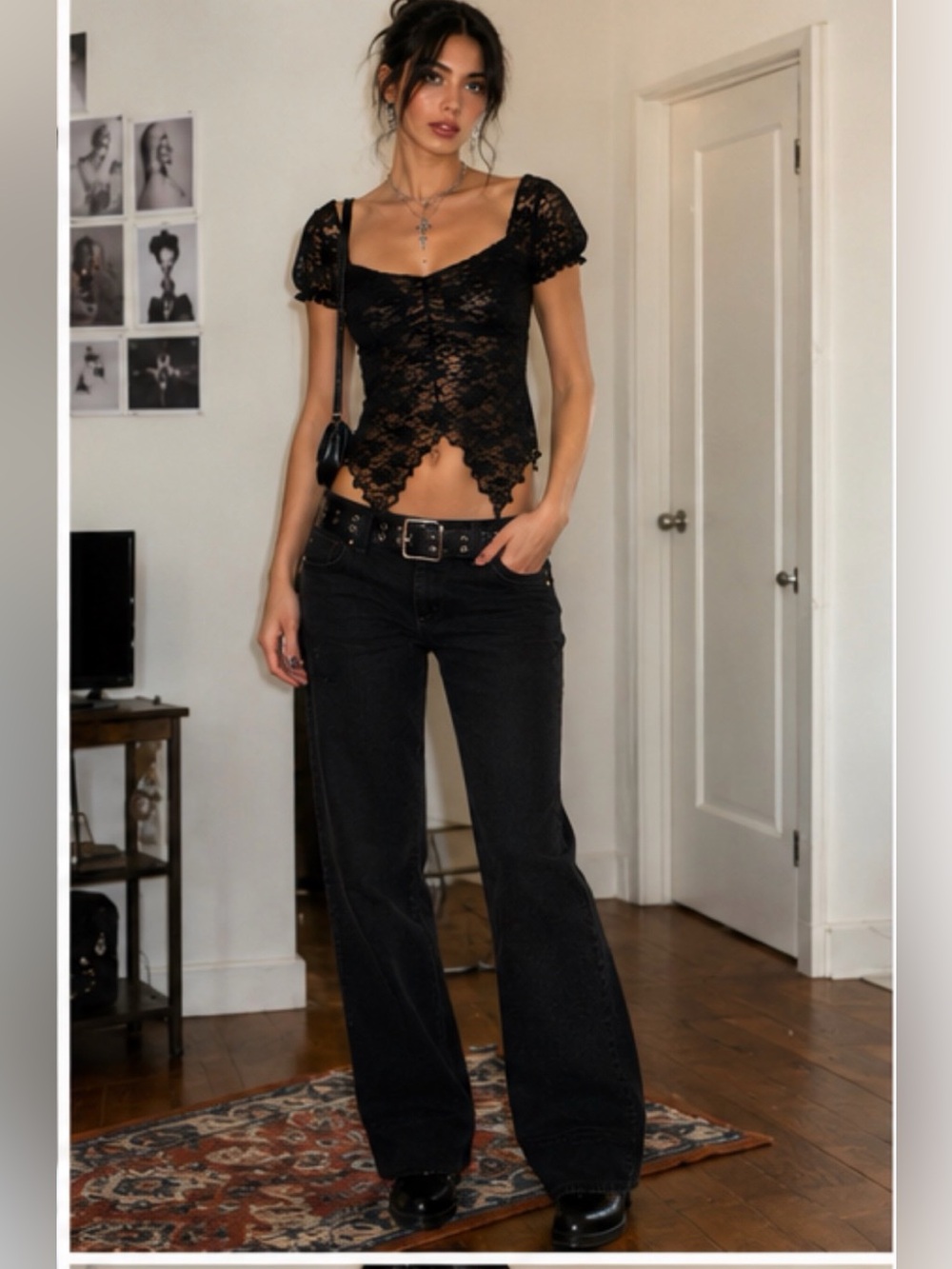 Lush Black Lace Handkerchief Hem Top Y2K Coquette Fairy Goth Puff Sleeve Small